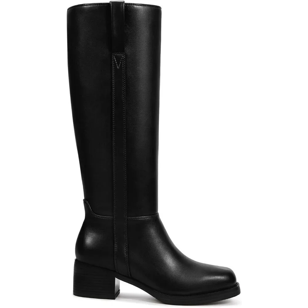 Women’s Black Knee High Chunky Block Heel Square Toe Side Zipper Tall Boots - Picture 4 of 6